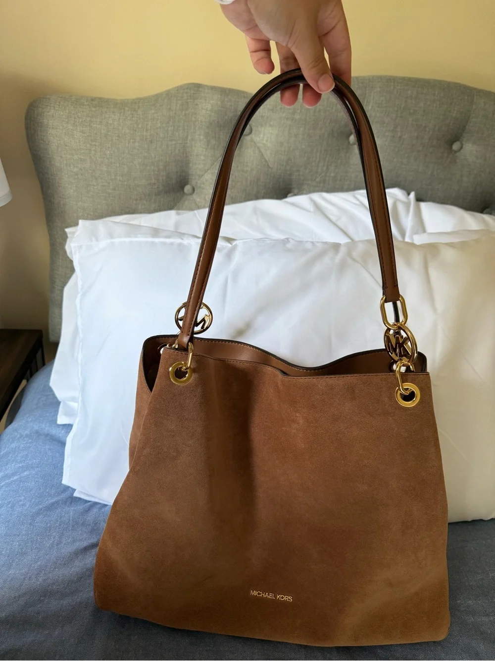 Michael Kors Brown Suede Shoulder Bag with Gold Hardware